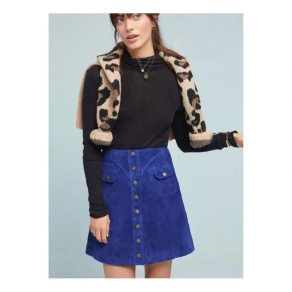 EUC! Anthropologie Blue Suede Button-Front Mini Skirt, Size 2 - Picture 2 of 7